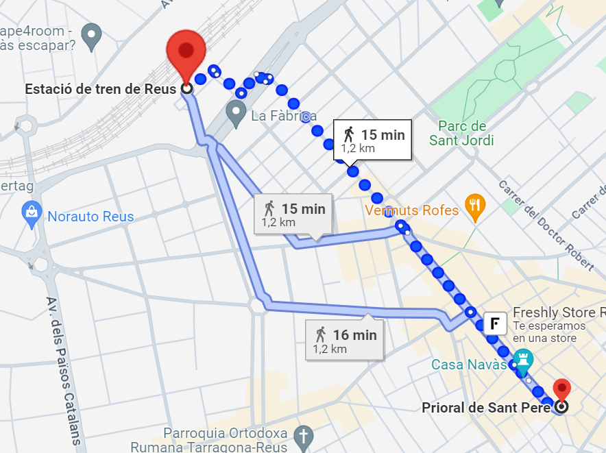 Google Maps: Reus Estación de Tren - Iglesia el Prioral de Sant Pere